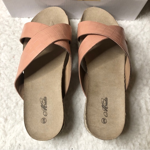 New Mata Shoes Blush Croc Embossed Criss Cross Espadrille Slip On Sandals - Picture 7 of 14